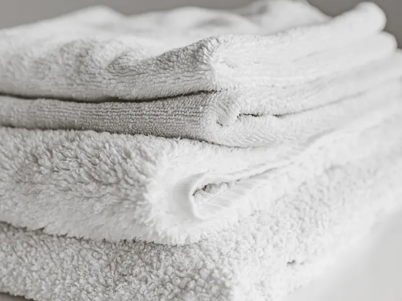 Neatly folded white towels stacked on a table